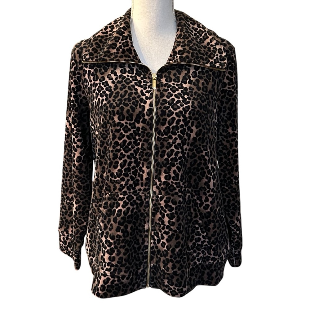 Style & Co. Plus Size Animal-Print Velour Track Jacket Petite XL Black Tan NEW